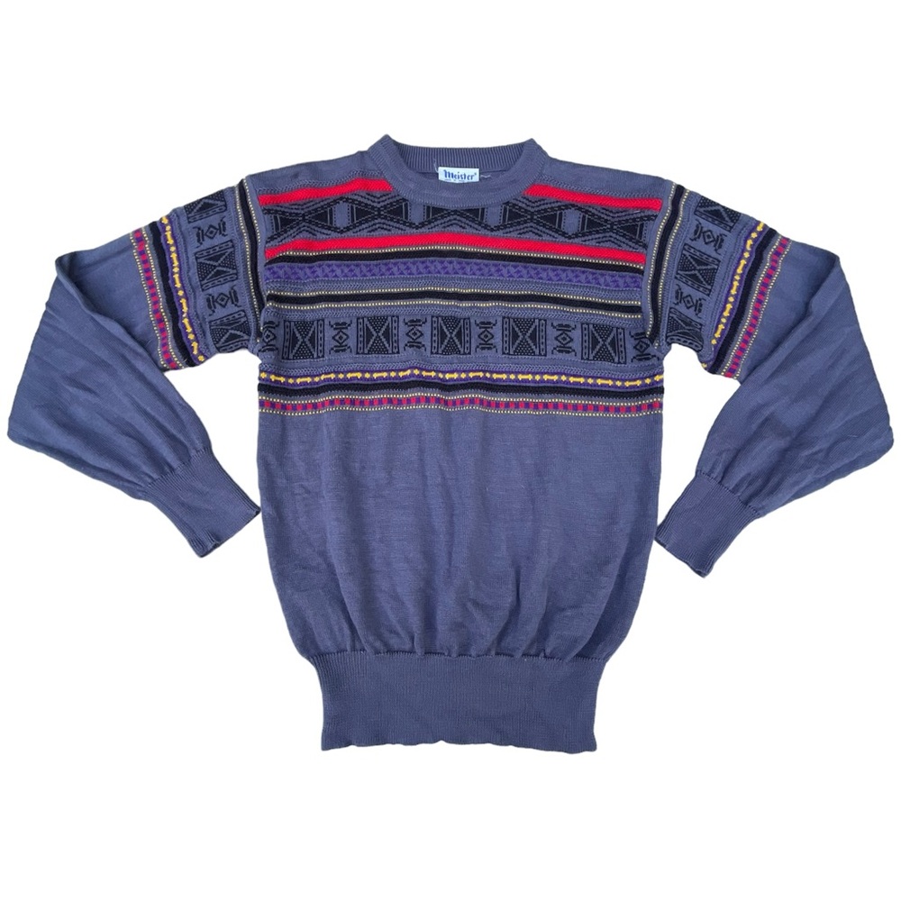 Vintage 90s David Meister Striped Wool Blue Red Crewneck Pullover Sweater